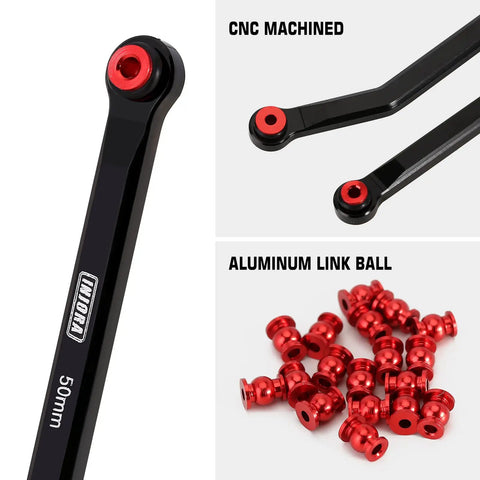 Aluminum 4 Link Set for SCX24 C10 JLU Bronco Base Camp 4Runner Black CNC Link Replacement Eliminates Axle Wrap Reduces Drive Shaft Friction Smoother Ride Higher Clearance, 50mm links and red aluminum balls