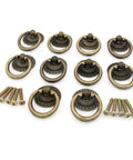 Vintage Antique Brass Ring Pull Handles For Cabinets And Drawers, 10 Pack, Zinc Alloy, Rust Resistant Hardware shown with screws