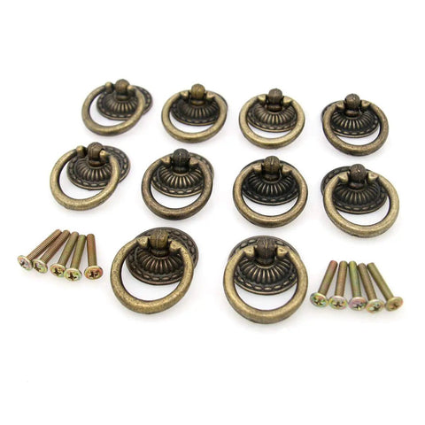 Vintage Antique Brass Ring Pull Handles For Cabinets And Drawers, 10 Pack, Zinc Alloy, Rust Resistant Hardware shown with screws