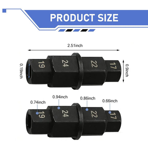 Motorcycle Front Axle Tool Kit With Recessed Hex Socket Spindle Removal Sleeve Pro Grade No Slip Four Size 17mm 19mm 22mm 24mm Hex Adapter