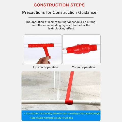 Top Notch Pipe Repair Tape That Seals Waterproof Leaks In A Flash applied on pipe with guidance for correct wrapping technique.