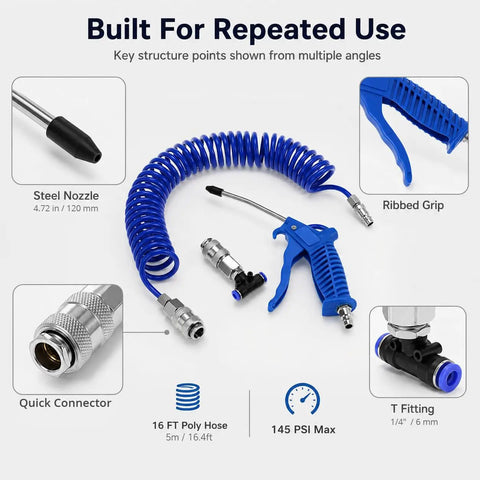 Hardcore Air Blow Gun Kit With Sixteen Foot Pneumatic Pu Hose One Quarter Inch Quick Coupler Plus Auto Shut Off Valve For Kick Some Dust Shop Cleanup And Solid Blasting Power, featuring steel nozzle and quick connector.