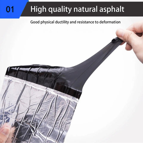 Heavy Duty Self Adhesive Roof Patch Tape And Waterproof Asphalt Shingle Sealant Roll For Balcony Gutter And Basement Leak Patch Easy Peel Stick Weatherproof Underlayment Membrane being stretched to show flexibility.