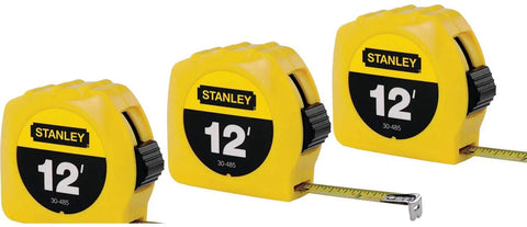 Three-pack of 12-foot tape measures with bright yellow cases and high-contrast blades, part of Beefy 12 Foot Tape Measure Kit Half Inch Wide