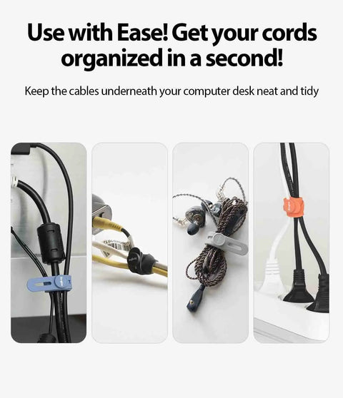 Silicone Cable Ties Reusable Flexible Cord Organizer With Adjustable Length Two Size Options Durable Clips in use on various cables.