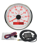 Waterproof GPS Speedometer 0-35 MPH Gauge Kit For Marine Boats Sailboats Snowmobiles And Go Kart With Backlight 3 3 Eighth Inch 85mm 12V 24V LED Display Shows Course Not Odometer, showing front view and included accessories.