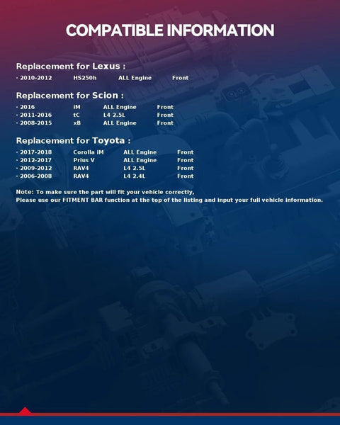 Compatibility chart for Lexus, Scion, and Toyota vehicle parts with years and models listed.