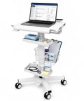Legit Anti Theft Medical Laptop Cart With Smooth Height Adjustments And Built In Scanner Bracket Using Rock Solid Locking Casters Plus Roomy Storage Trays, featuring dual shelves and storage for medical supplies.
