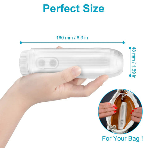 Hand holding Electric Portable Handheld Bidet for Travel and Everyday Hygiene With 2 Wash Modes shown in a bag, 160mm length.
