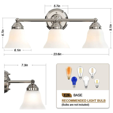 Dope Three Light Chrome Vanity Light Fixture With Frosted Glass Shades, dimensions, E26 base, bulbs not included.