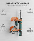 Wall Mounted Tool Rack For Garage And Workshop, Heavy Duty Vertical Iron Organizer with tools displayed on white wall