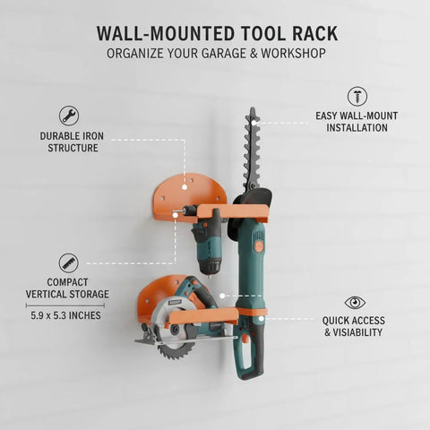 Wall Mounted Tool Rack For Garage And Workshop, Heavy Duty Vertical Iron Organizer with tools displayed on white wall