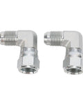 Heavy Duty 3/8 Inch 90 Degree Hydraulic Adapter Fitting Carbon Steel Precision 37 Degree Flare Male Female Thread SAE J514 Compliant Rotating Connection For Pro Mechanics And Car Guys Seeking Reliable Leak Free Operation With Durable Metal Built Tough, shown in two views