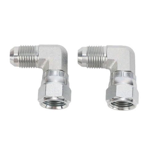 Heavy Duty 3/8 Inch 90 Degree Hydraulic Adapter Fitting Carbon Steel Precision 37 Degree Flare Male Female Thread SAE J514 Compliant Rotating Connection For Pro Mechanics And Car Guys Seeking Reliable Leak Free Operation With Durable Metal Built Tough, shown in two views