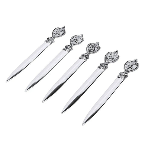 Vintage Leaf Floral Pattern Metal Letter Opener Set, 5 Pack For Home Office And School Desk, displayed on white background.
