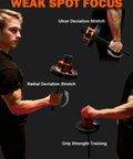 Man using Two In Forearm Trainer for ulnar and radial deviation stretches highlighting grip strength and wrist mobility exercises.