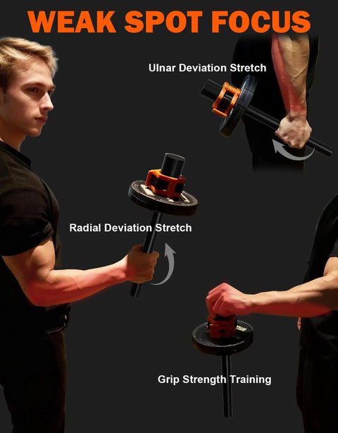 Man using Two In Forearm Trainer for ulnar and radial deviation stretches highlighting grip strength and wrist mobility exercises.