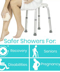Shower Stool For Inside Bath Small Adjustable Plastic Round Non Slip Tub Seat Chair Waterproof Tub Bench For Elderly And Seniors Safe Bathing And Independence In The Shower Comfy And Easy To Use with person using tub stool for safer showering options illustrated for recovery, seniors, disabilities, pregnancy.