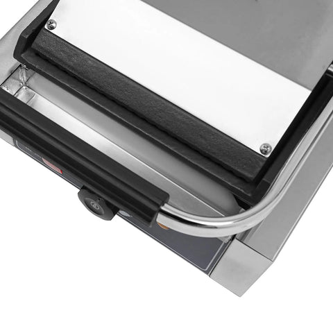Close-up of the Heavy Duty Electric Panini Press Grill With 1800W Dual Heating Plates, showing stainless steel construction and non-stick surface.