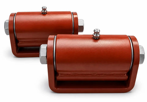 Workhorse Roller Cage Hinges 3.5 Inch Heavy Duty With Grease Fitting Removable Axle shown from the side to highlight design.