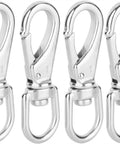 Four stainless steel swivel-eye snap hooks, 3-1/2 in long, heavy-duty.
