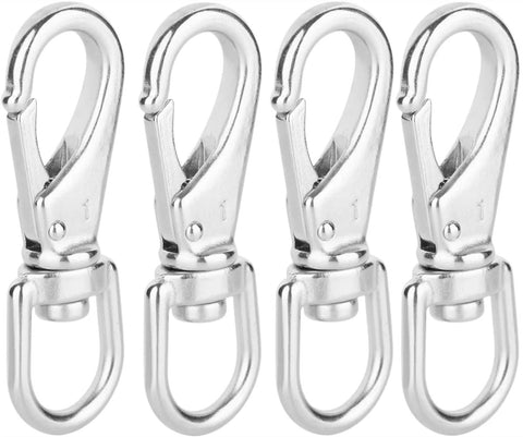 Four stainless steel swivel-eye snap hooks, 3-1/2 in long, heavy-duty.
