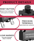 All In One Thermal Circuit Breaker Kit With No Fuss Push Button Manual Reset Overload Protector 5A 10A 15A 20A 30A Waterproof Button Cap 6.3mm Terminal Wire Sheath 32V DC 125 250V AC, showing reset button, terminals, and voltage ratings.