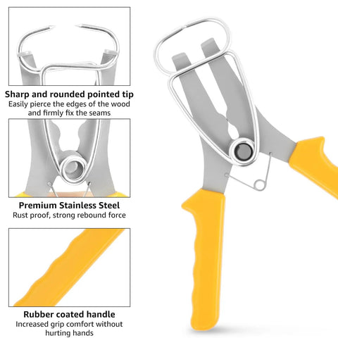 Get A Sweet Deal On This 18Pc Miter Spring Clamp And Pliers Kit, Made With Premium Stainless Steel For Tough Woodworking Jobs, Includes Carabiner Hooks Plus Storage Ring To Keep Your Tools Neat And Ready For Any Project Right Now. stainless steel spring clamp pliers with yellow rubber handle