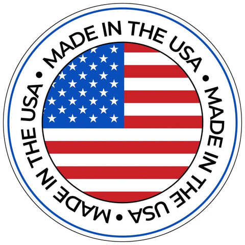 Round sticker featuring the phrase 'MADE IN THE USA' with the American flag design.
