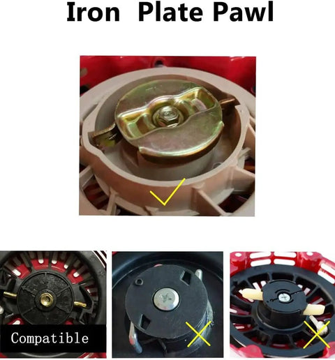 Universal Pull Start Assembly with iron plate pawl for Honda and clone 196cc to 224cc engines, showing recoil starter compatibility.