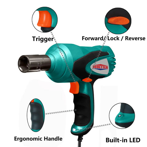 Beefy 12V Half Inch Corded Impact Wrench Kit with LED Light and Bubble Level, features labeled trigger, handle, and LED