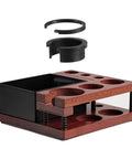 Solid Walnut Coffee Tamping Station And Espresso Knock Box Featuring Double Layer Accessory Storage Fits 51 54 58mm Portafilters, top view with parts.