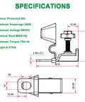 Marine Rated Battery Fuse Block For 30 To 300 Amp Fuses, MRBF Terminal Fuse Holder Kit With Red Cap, Washer, Lock Washer, And M8 Nut For Reliable Marine Power Distribution And Electrical Safety. Specifications diagram with M8 stud and dimensions.