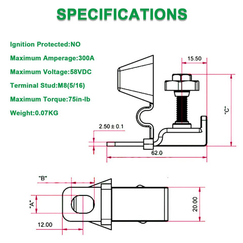 Marine Rated Battery Fuse Block For 30 To 300 Amp Fuses, MRBF Terminal Fuse Holder Kit With Red Cap, Washer, Lock Washer, And M8 Nut For Reliable Marine Power Distribution And Electrical Safety. Specifications diagram with M8 stud and dimensions.