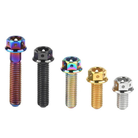 Top Notch Titanium M10 Flange Hex Screws, Super Heavy Duty Serrated Lock Tightening Fasteners in various colors and sizes.