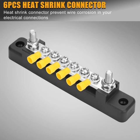 Badass 150A Negative Bus Bar Power Distribution Block For 12V Marine And Automotive Grounding Kits with yellow heat shrink terminals.