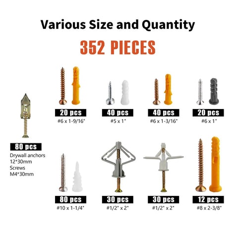 352 Piece Drywall Anchors And Screws Kit For DIY Projects, 9 sizes displayed with various screws and anchors shown