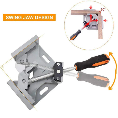Two Pack 90 Degree Right Angle Clamps for Woodworking and Metalworking Aluminum Alloy Corner Clamp with One Hand Grip, swing jaw design