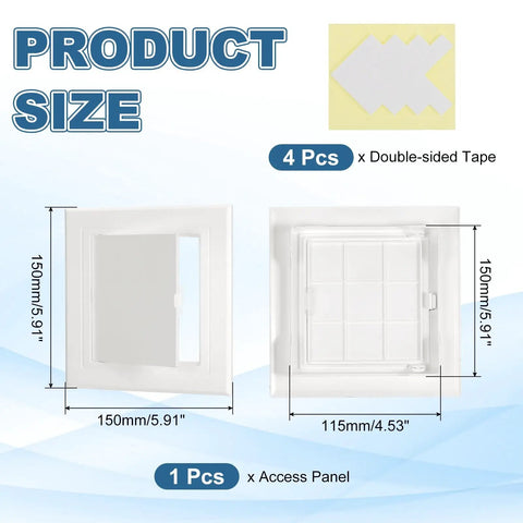 Slick White Abs Plastic Drywall Access Panel Five By Five Inch Wall Hole Cover dimensions with double-sided tape and access panel.