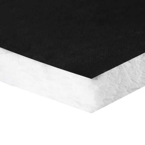 Close-up of black polyester fiber insulation roll, 1.34-inch thick, for camper van heat and sound control.