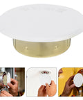Four Piece Concealed Fire Sprinkler Head Cover Plates White Iron Round Flat Decorative Shield Top Shelf Polish No Sweat Wipe Down Straight Shot Install Pro Grade Safety For House Commercial Spaces, white round plate shown with brass base.
