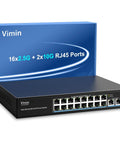 Beefy Unmanaged 18-Port 2.5G Switch With Dual 10GBASE-T Ports, showing 16x2.5G and 2x10G RJ45 connections with packaging.