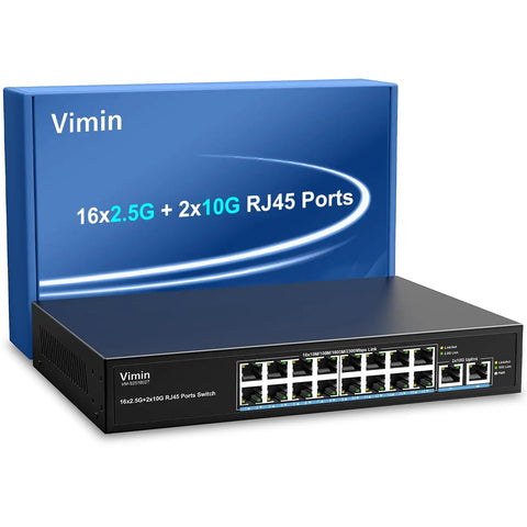 Beefy Unmanaged 18-Port 2.5G Switch With Dual 10GBASE-T Ports, showing 16x2.5G and 2x10G RJ45 connections with packaging.