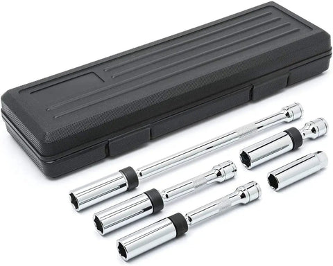 Five Piece Pro Grade Magnetic Swivel Spark Plug Socket Set For 3/8 Inch Drive, Six Point, with black case and chrome sockets