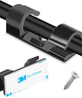 Close-up of a black nylon cable clip, part of 50 Pack Medium Self Adhesive Cable Clips Black For Under Desk Car Wall TV PC Ethernet Cables Cable Management And Cord Organizer Holder With Strong 3M Adhesive Nylon, showing 3M adhesive strip and screw.