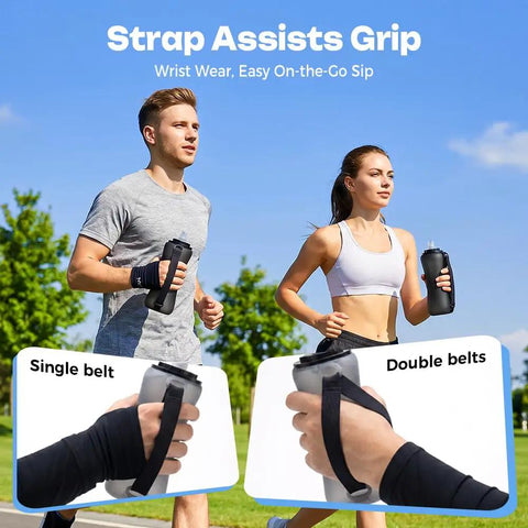 Runners holding Collapsible Silicone Handheld Water Bottle With Ergonomic Strap 350ml Blue Hydration Flask for training, close-up of grip