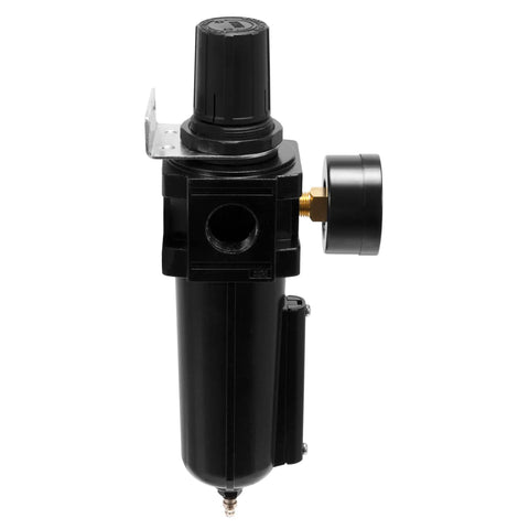 Black 3/4 in NPT air filter regulator with locking knob and clear liquid level indicator, designed for shop piping systems up to 150 PSI.