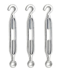 3 Pack M10 Hook And Eye Turnbuckles Made From Top Shelf 304 Stainless Steel Cable Tensioner hardware, showing hooks and adjusters.