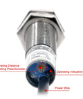 Capacitive Proximity Sensor With 5mm Sensing Distance, 10 To 30 VDC, 200 mA, PNP Normally Open, Three Wire, front view.