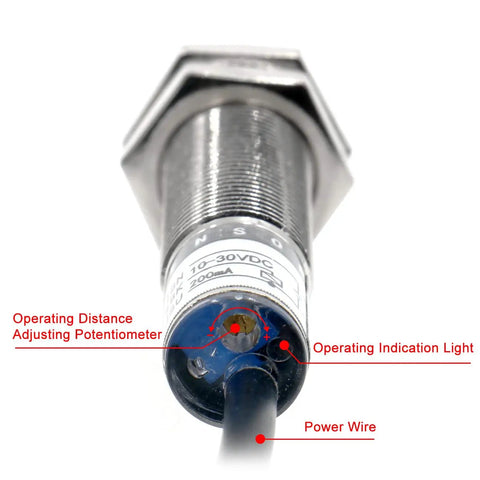 Capacitive Proximity Sensor With 5mm Sensing Distance, 10 To 30 VDC, 200 mA, PNP Normally Open, Three Wire, front view.